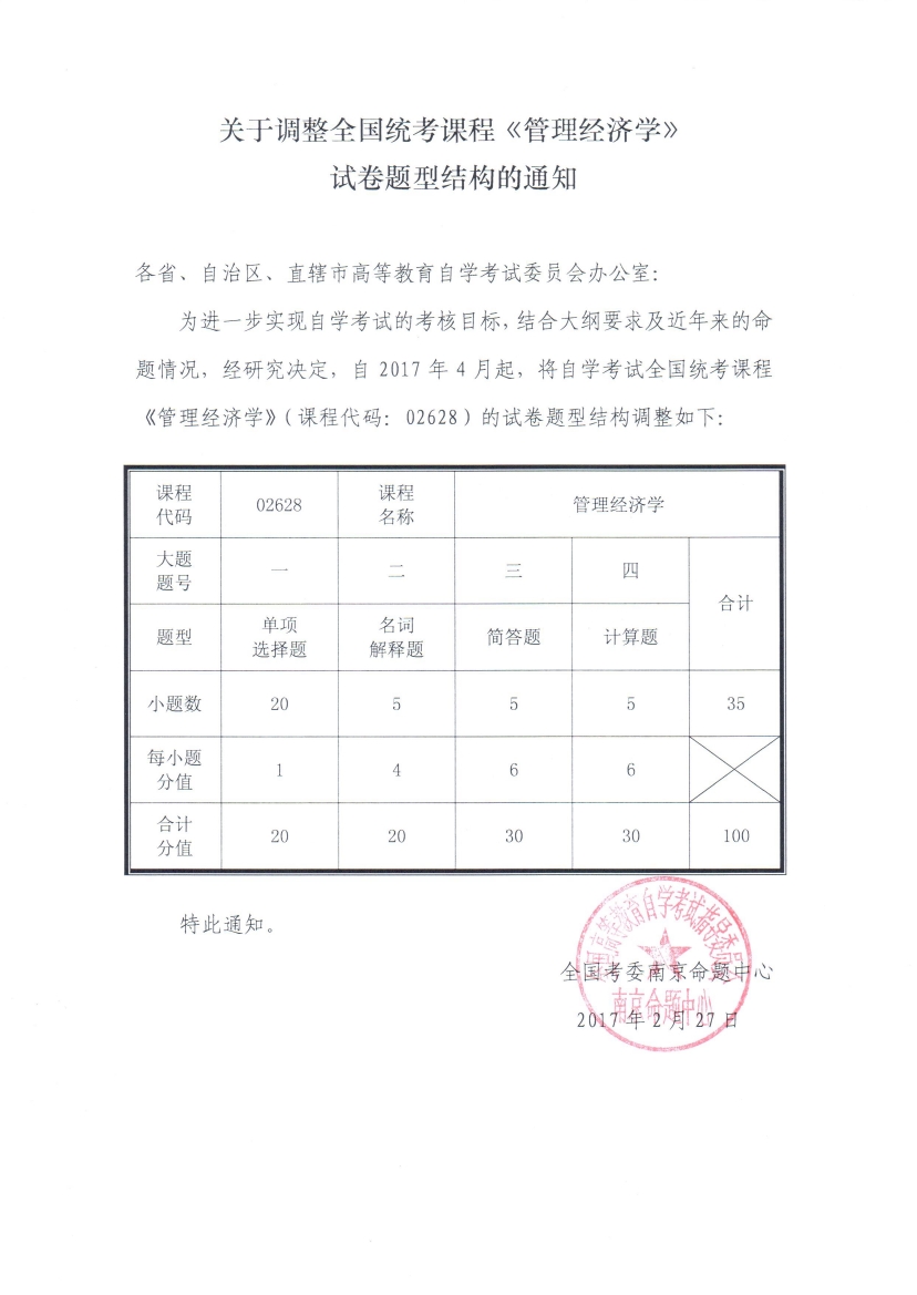 关于调整全国统考课程《管理经济学》试卷题型结构的通知
